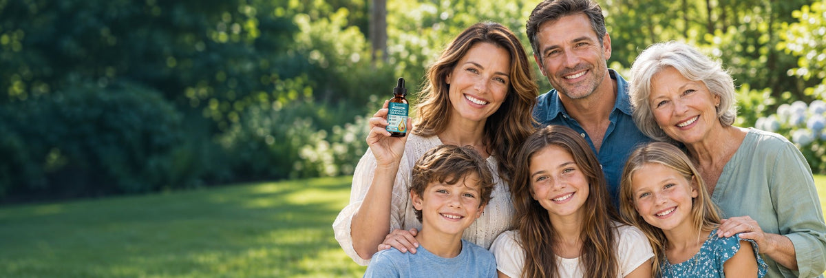 A smiling multigenerational family outdoors; the mother holds a Lymerra Lymphatic Drainage Drops bottle