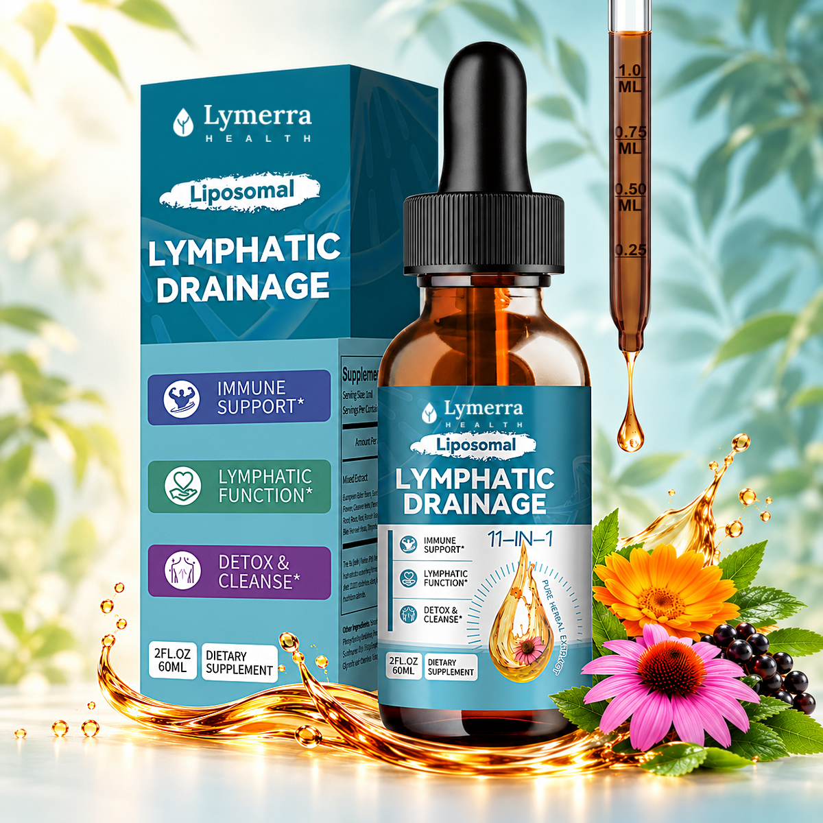 Lymerra Lymphatic Drainage Drops bottle in front of its carton, with a dropper, botanicals and flowers