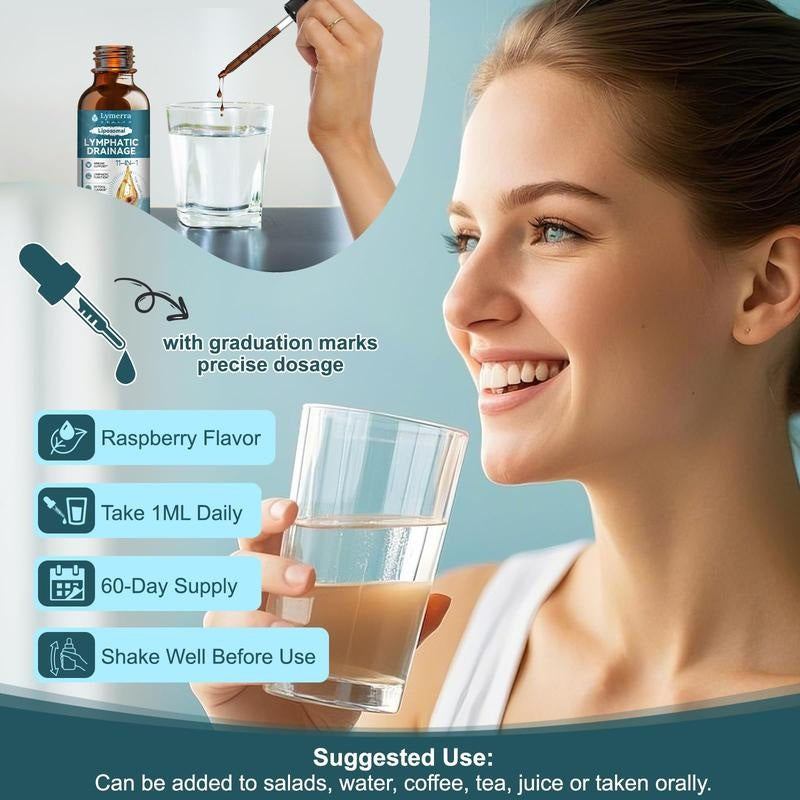 Woman drinking water, with an inset of drops being added to a glass and usage tips