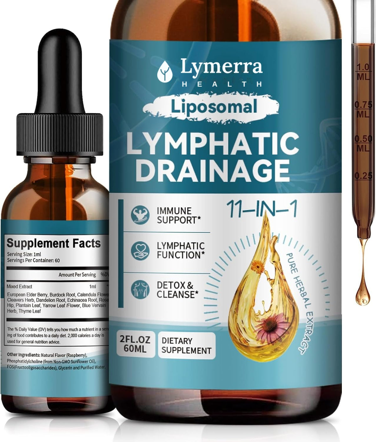 Front of the Lymerra bottle with the Supplement Facts side and a graduated dropper