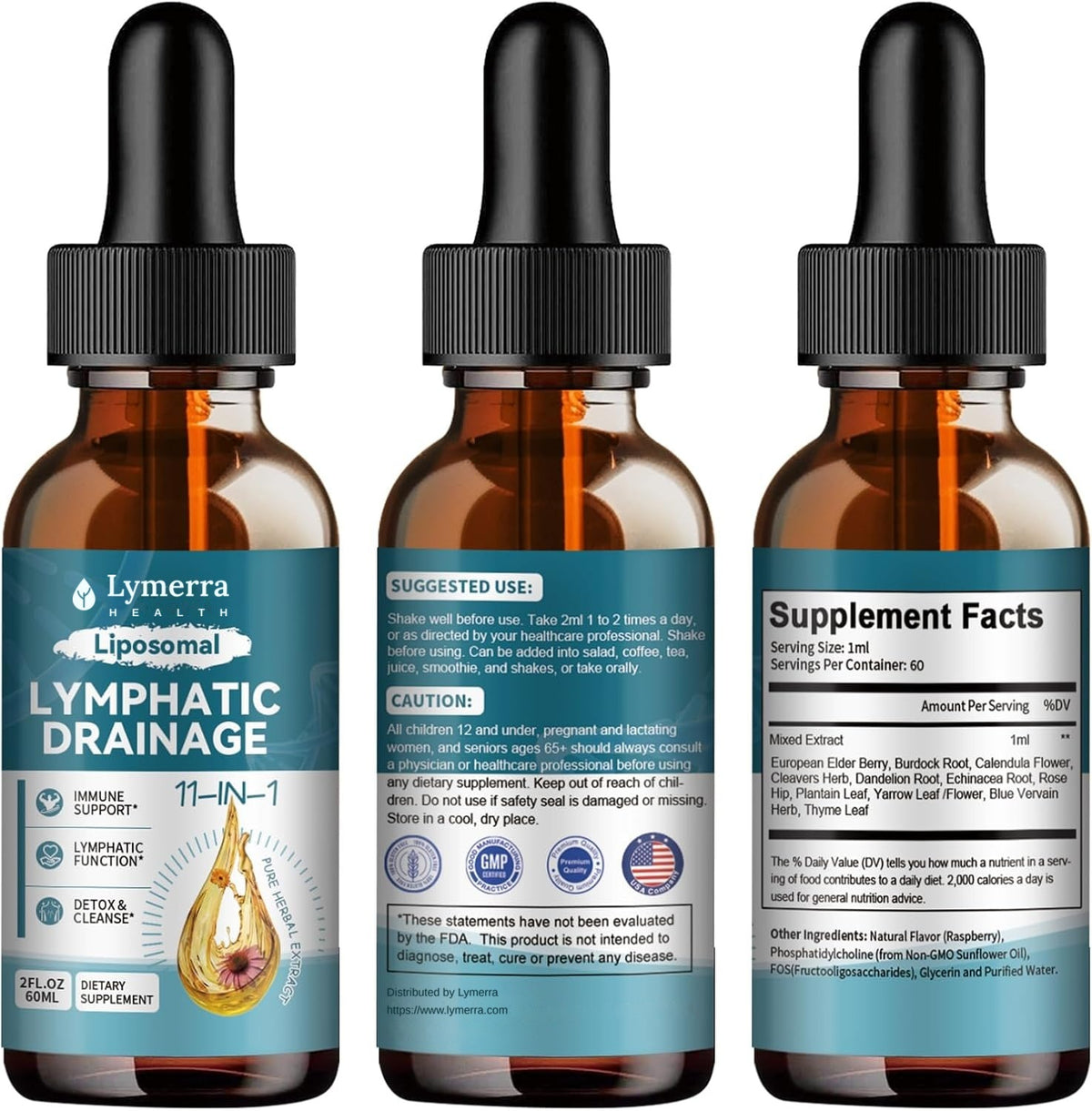 Three views of the Lymerra bottle: front label, suggested use and Supplement Facts