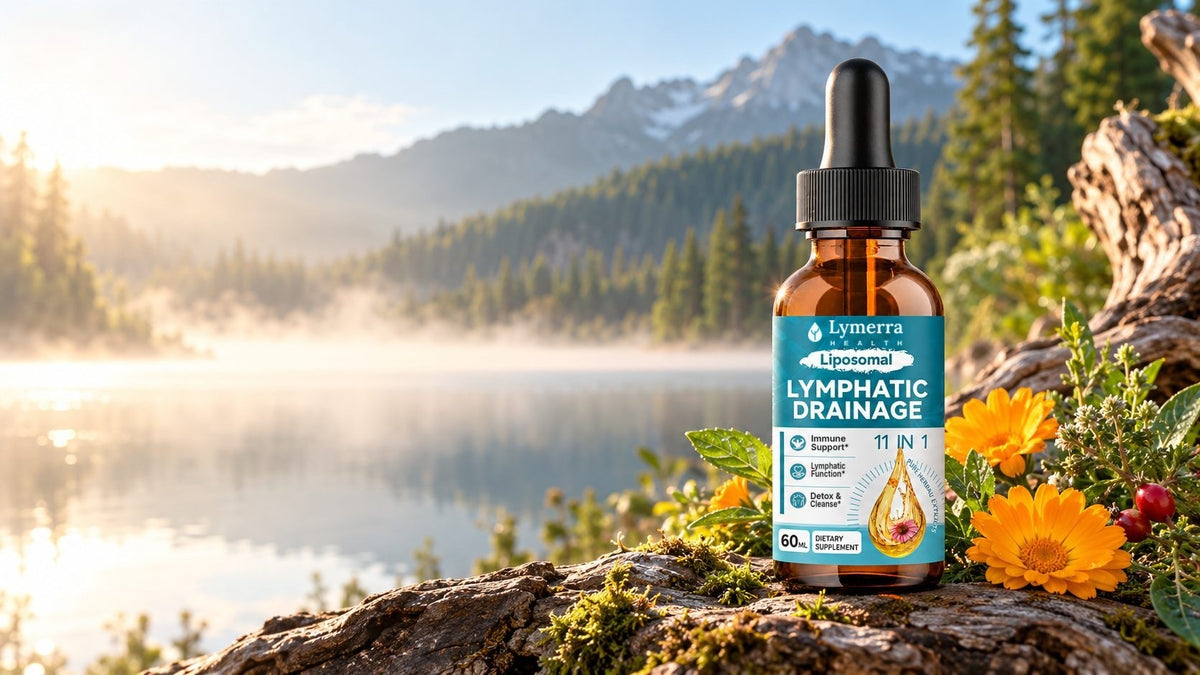 Lymerra Lymphatic Drainage Drops bottle resting on a mossy log beside calendula, with a misty mountain lake behind