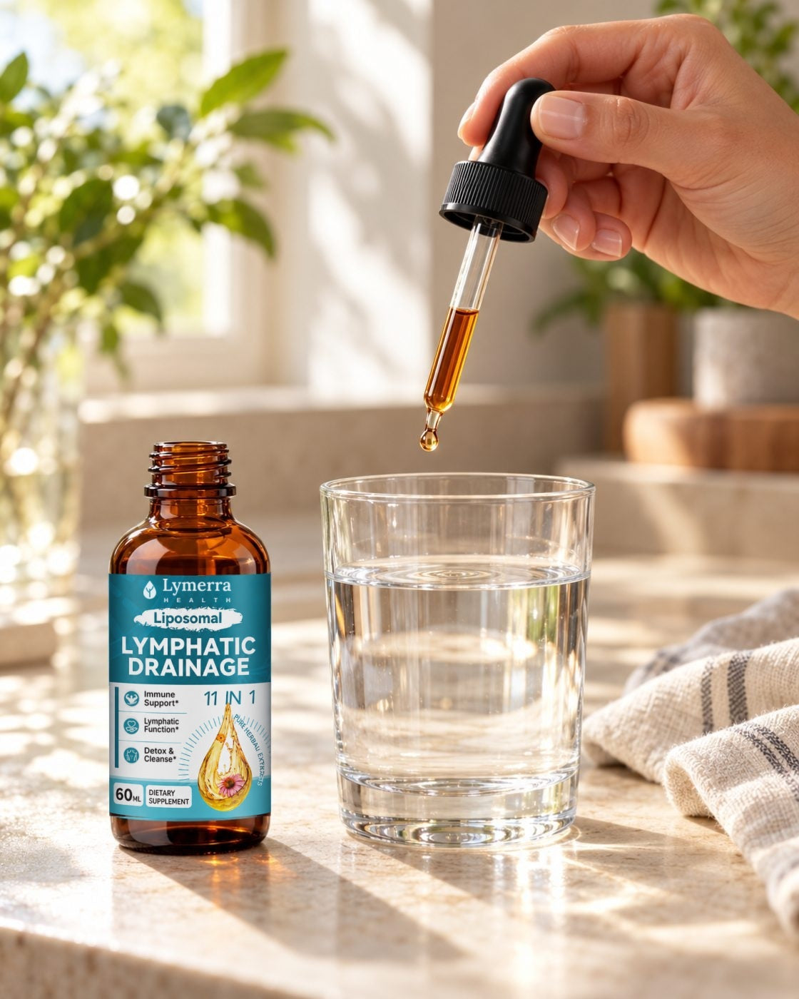 A hand releasing a drop from the Lymerra dropper into a glass of water on a sunlit counter
