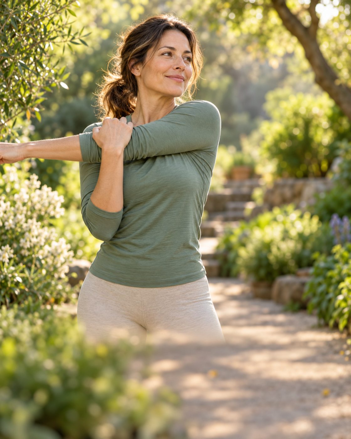 A woman stretching her arm on a sunlit garden path