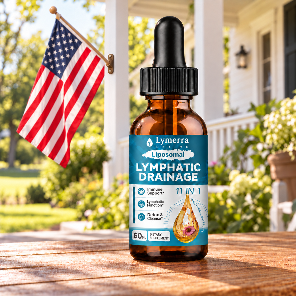 Lymerra Lymphatic Drainage Drops bottle on a sunlit wooden porch table, with an American flag on a front-mounted bracket behind it
