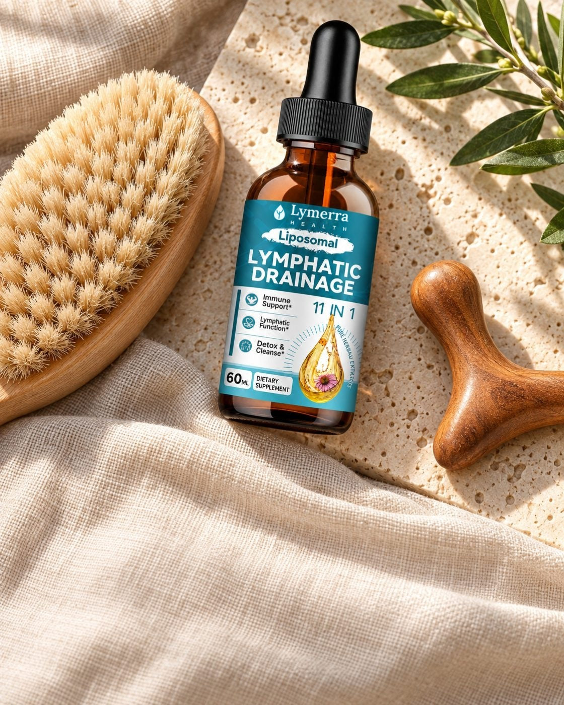 Lymerra bottle on travertine beside a dry brush and a wooden massage tool